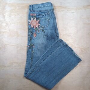 Yag Jeans Size 5 Mid Rise Retro Distressed Stone Wash Floral Embroidered